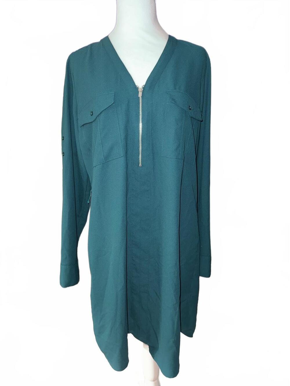 Express Women's Teal Long Sleeve V-Neck Tunic Dress with Front Zipper, Size M